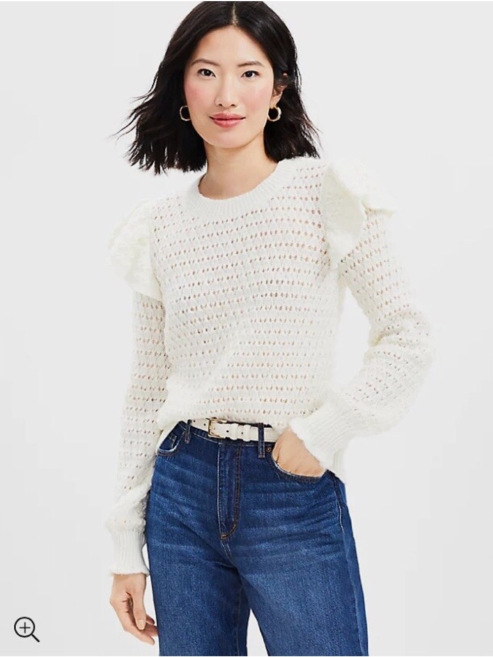 NWT LOFT NWT Shoulder Ruffle Open Knit Sweater - Whisper White SZ Petite S